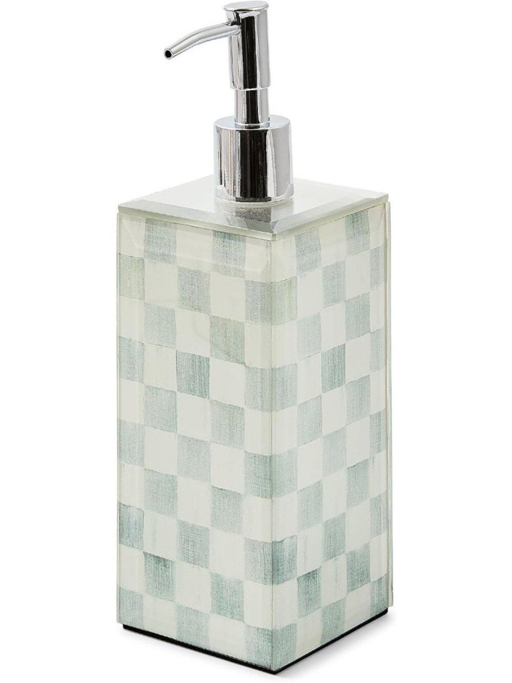 Stylish Gray-and-White Glass Soap Pump with Sterling Check Design - Home Decor